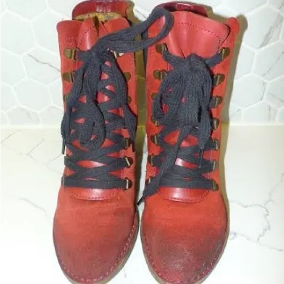 Red Suede Wedge Ankle Boots fly london suzu oil red suede boots Sz 41 - Picture 2 of 5